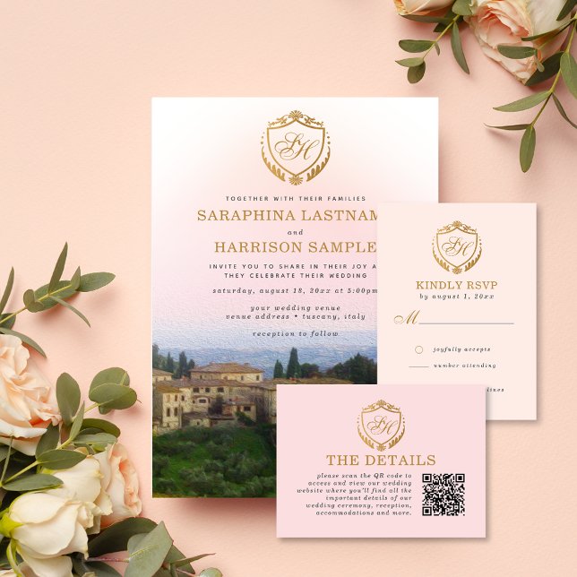 Ornate Gold Crest Watercolor Tuscany Italy Wedding Invitation (Creator Uploaded)