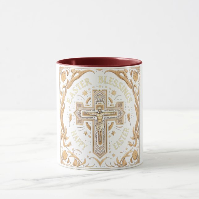 Ornate Gold Cross Easter Blessings Mens  Mug (Center)