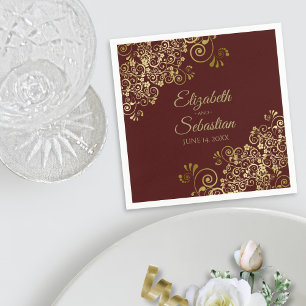 Ornate Gold Curls Elegant Auburn Brown Wedding Napkin