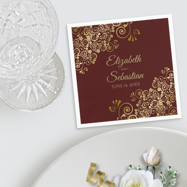 Ornate Gold Curls Elegant Auburn Brown Wedding Napkin (In Situ with Plate)