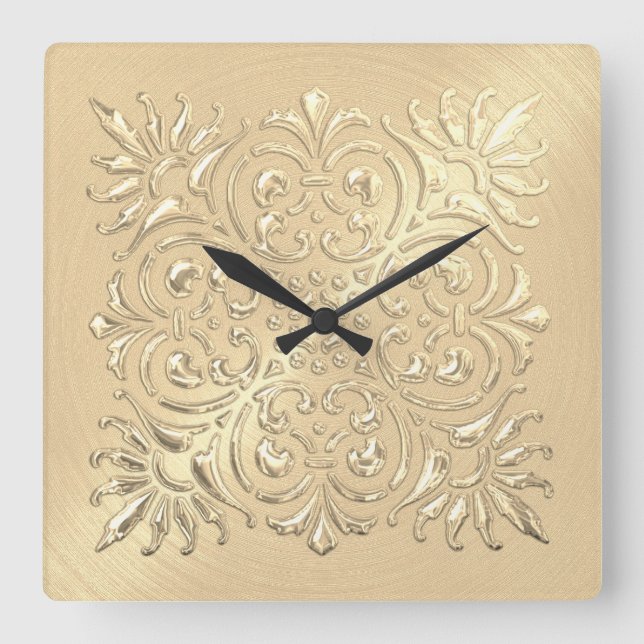 Ornate Gold Embossed Look Square Wall Clock (Front)