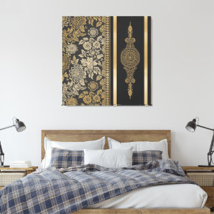 Ornate Gold Filigree and Floral Mandala Black Canvas Print