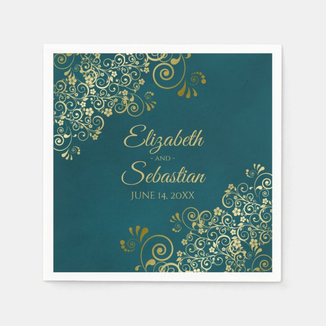 Ornate Gold Filigree Elegant Dark Teal Wedding Napkin (Front)