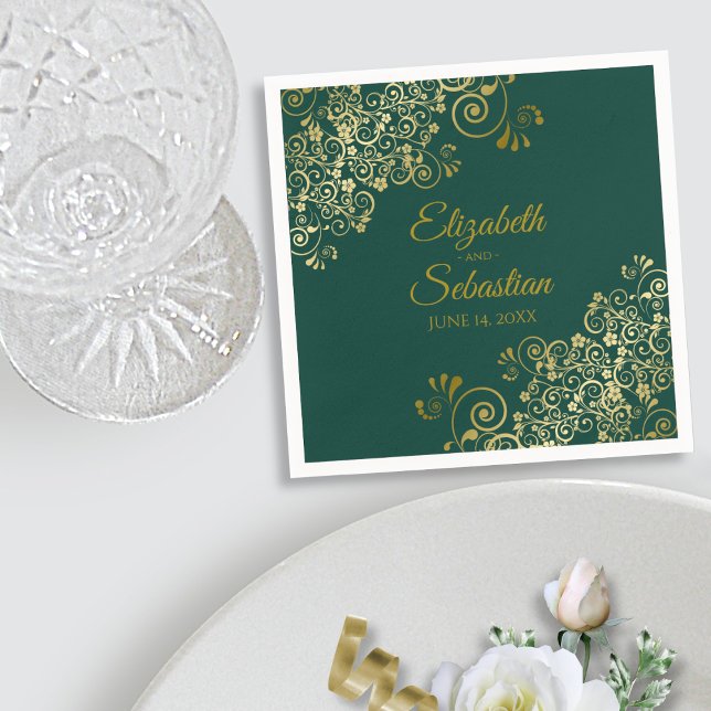 Ornate Gold Filigree Elegant Emerald Green Wedding Napkin (In Situ with Plate)