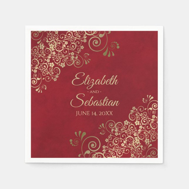 Ornate Gold Filigree Elegant Marbled Red Wedding Napkin (Front)