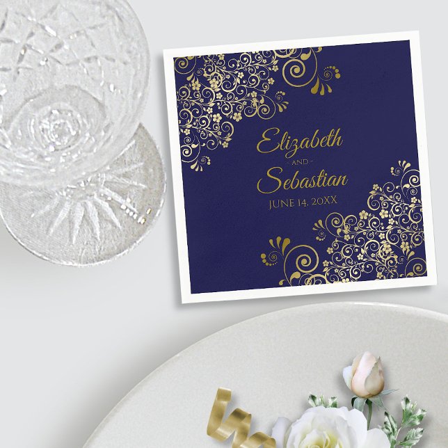 Ornate Gold Filigree Elegant Navy Blue Wedding Napkin (In Situ with Plate)