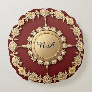 Ornate Gold Floral Design Round Cushion