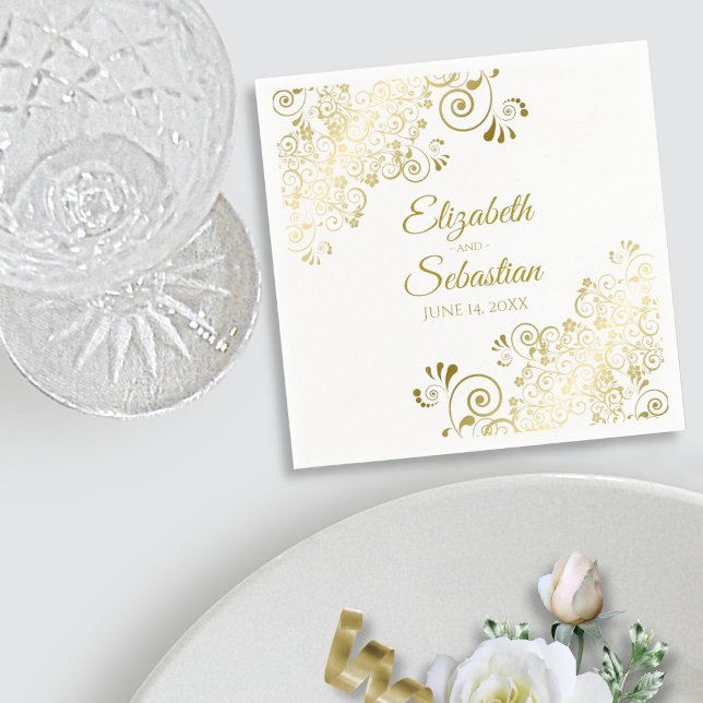 Ornate Gold Floral Filigree Elegant White Wedding Napkin (In Situ with Plate)