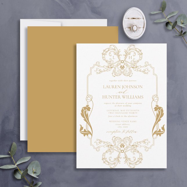 Ornate Gold Floral Line Art Monogram Wedding Invitation (Creator Uploaded)