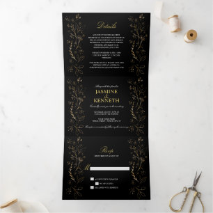 Ornate Gold Floral Swirls on Black Wedding Tri-Fold Invitation