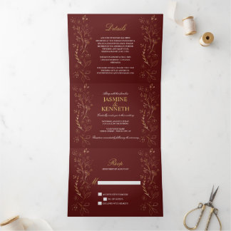 Ornate Gold Floral Swirls on Burgundy Wedding Tri-Fold Invitation