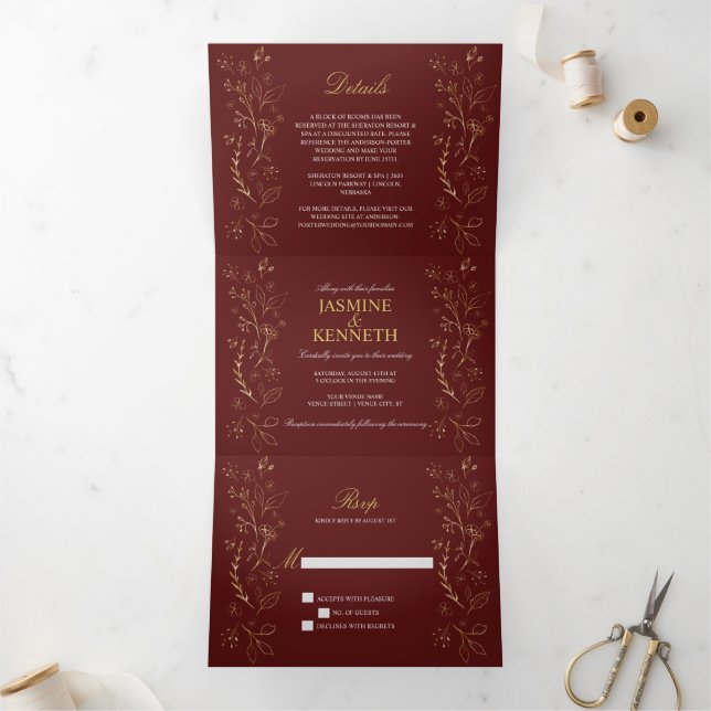 Ornate Gold Floral Swirls on Burgundy Wedding Tri-Fold Invitation (Inside)