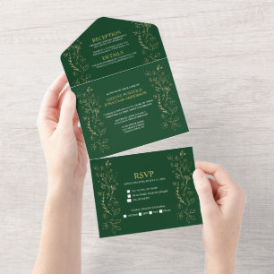 Ornate Gold Floral Swirls on Dark Green Wedding   All In One Invitation