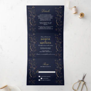 Ornate Gold Floral Swirls on Navy Blue Wedding Tri-Fold Invitation