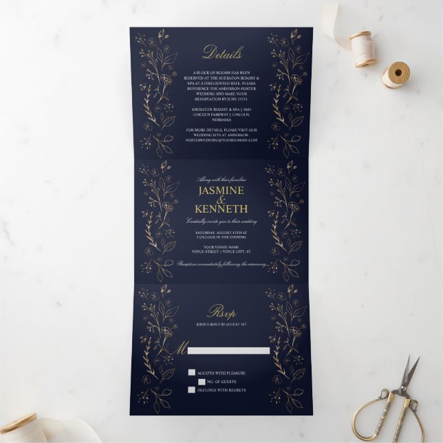 Ornate Gold Floral Swirls on Navy Blue Wedding Tri-Fold Invitation (Inside)