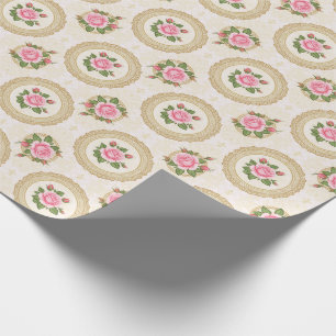 Ornate Gold Frame and Pink Roses Wrapping Paper
