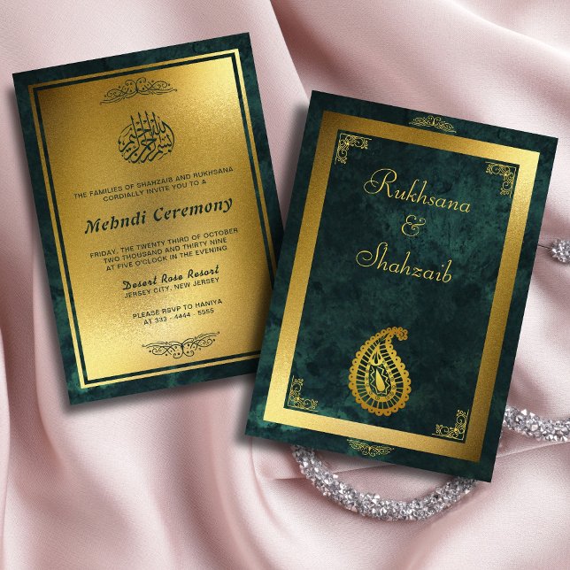 Ornate Gold Frame & Emerald Green Islamic Mehndi  Invitation (Creator Uploaded)