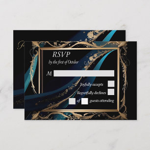 Ornate gold frame teal blue black wedding  RSVP card