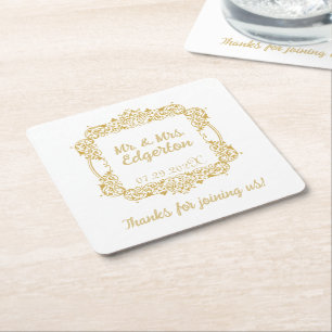Ornate Gold Frame Wedding Personalised Square Paper Coaster