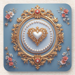 Ornate Gold Frame With Heart Gem Coaster
