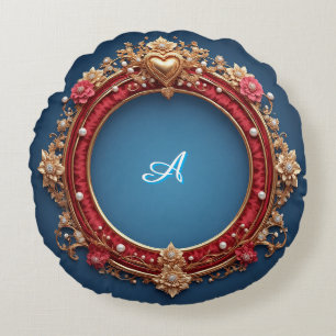 Ornate Gold Frame With Heart Gem Round Cushion