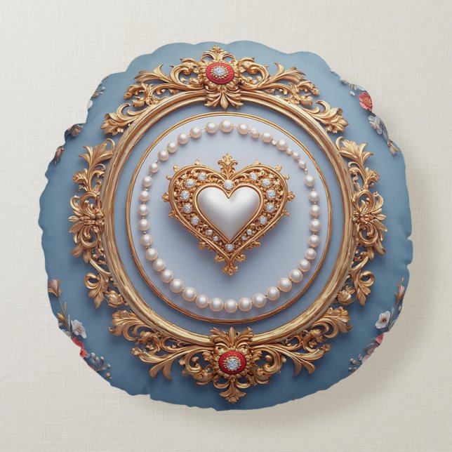 Ornate Gold Frame With Heart Gem Round Cushion (Front)