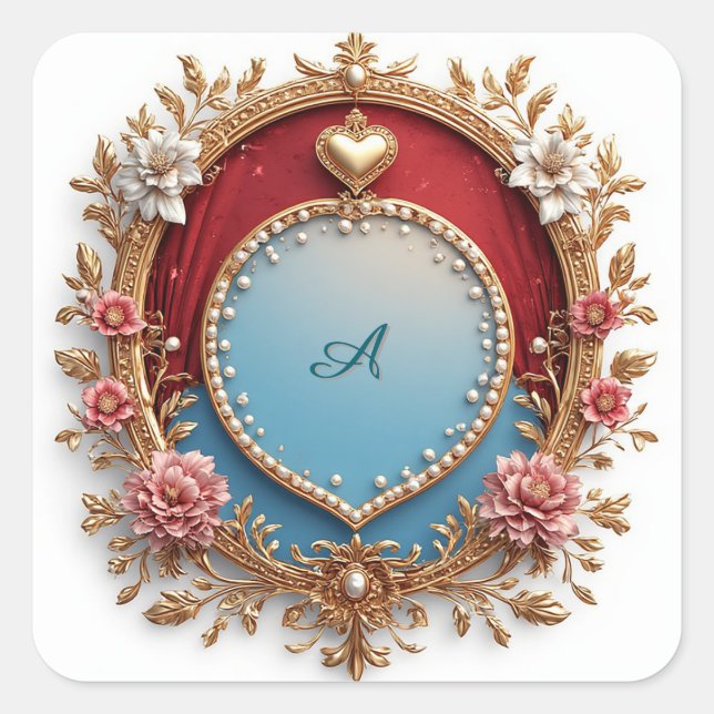 Ornate Gold Frame With Heart Gem Square Sticker (Front)