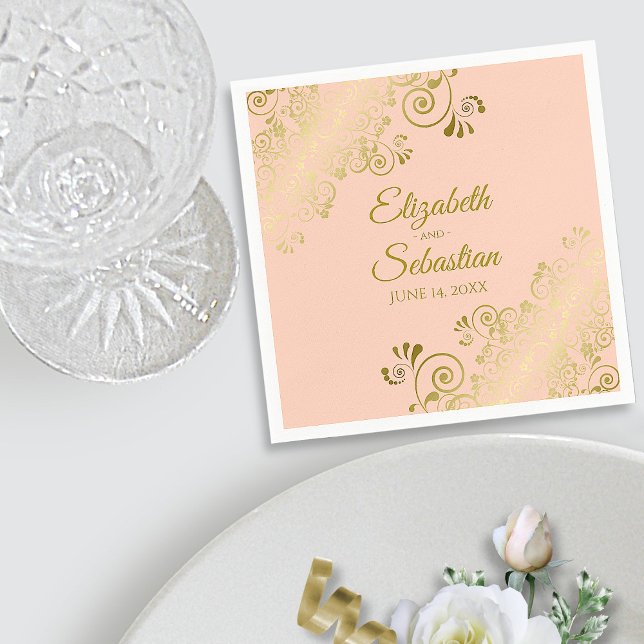 Ornate Gold Frills Elegant Coral Peach Wedding Napkin (In Situ with Plate)