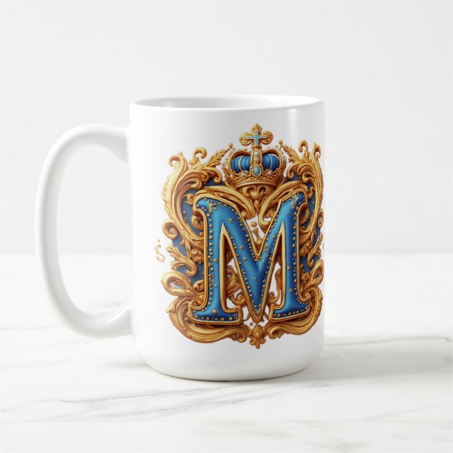 Ornate Gold Letter M With Crown Frame Design Coffee Mug (Left)
