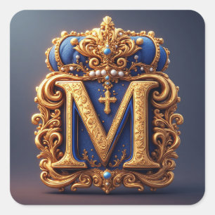 Ornate Gold Letter M With Crown Frame Design Square Sticker