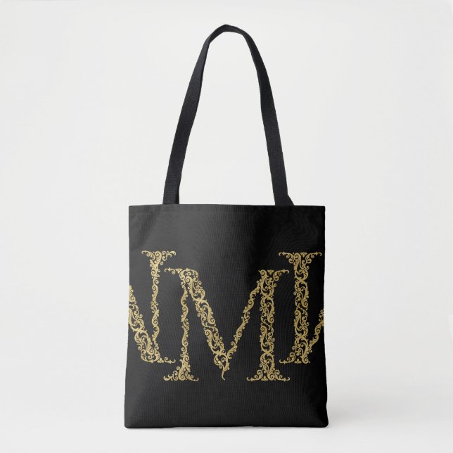Ornate Gold M Monogram Initial Design on Any Colou Tote Bag (Front)