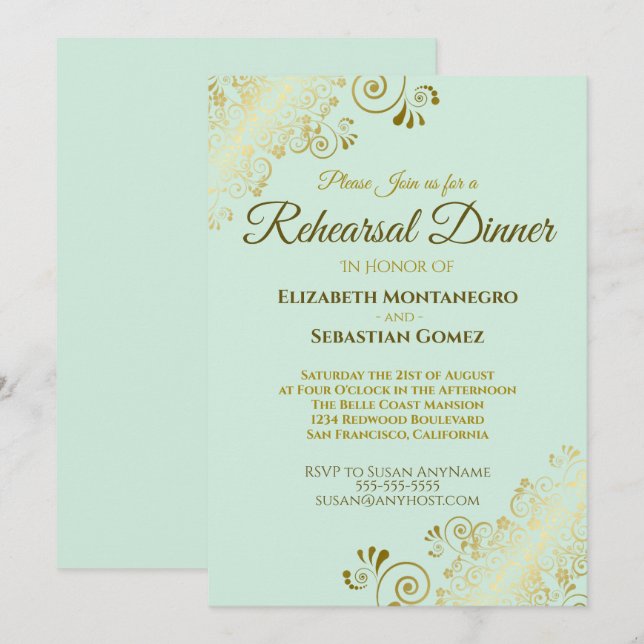 Ornate Gold & Mint Green Wedding Rehearsal Dinner Invitation (Front/Back)