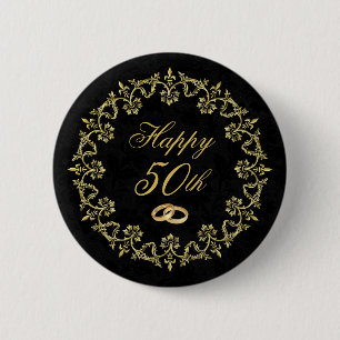Ornate Gold on Black 50th Wedding Anniversary 6 Cm Round Badge