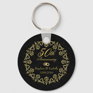 Ornate Gold on Black 50th Wedding Anniversary Key Ring
