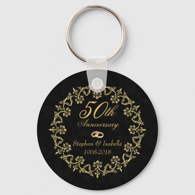 Ornate Gold on Black 50th Wedding Anniversary Key Ring (Front)