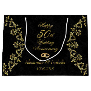 Ornate Gold on Black 50th Wedding Anniversary Large Gift Bag