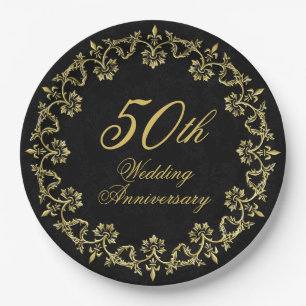 Ornate Gold on Black 50th Wedding Anniversary Paper Plate