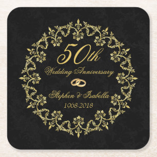 Ornate Gold on Black 50th Wedding Anniversary Square Paper Coaster