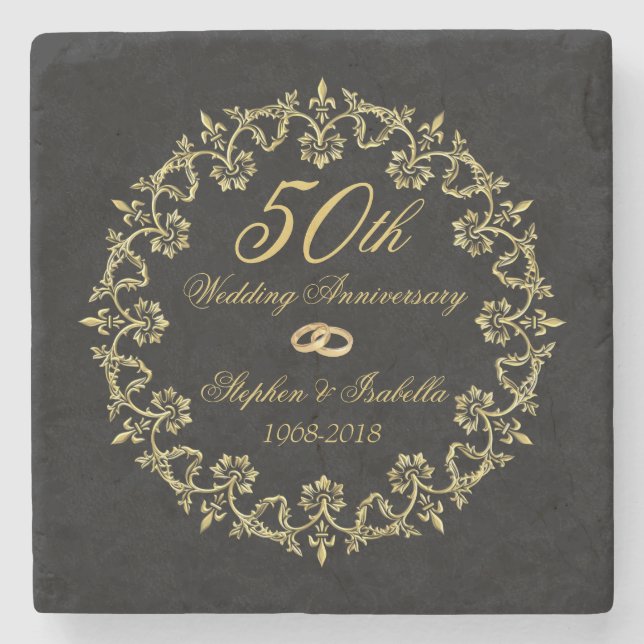 Ornate Gold on Black 50th Wedding Anniversary Stone Coaster (Front)