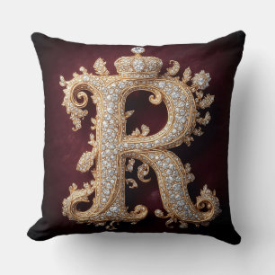 Ornate Gold 'R' Adorned with Diamonds Cushion