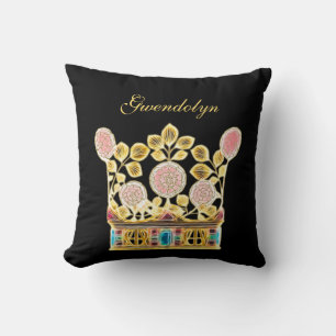 Ornate Gold Royal Crown Pink Floral Roses and Name Cushion