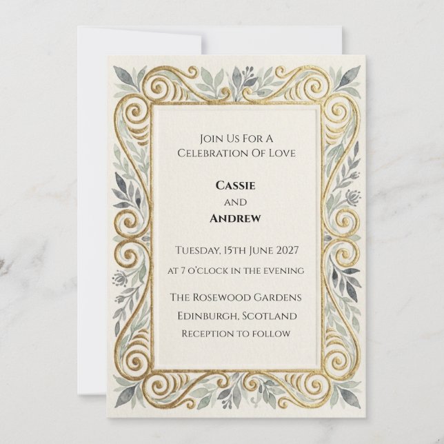 Ornate Gold Sage Green Wedding Invitation (Front)