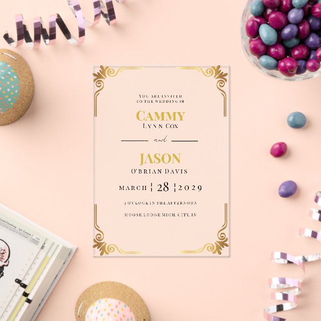 Ornate Gold Scroll Corner Frame Wedding Acrylic Invitations (Insitu (Celebration))