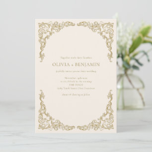 Ornate Gold Scrollwork Ivory Formal Wedding Invitation
