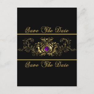 Ornate Gold Swirls Purple Jewel Save The Date Announcement Postcard