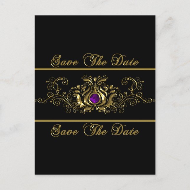 Ornate Gold Swirls Purple Jewel Save The Date Announcement Postcard (Front)
