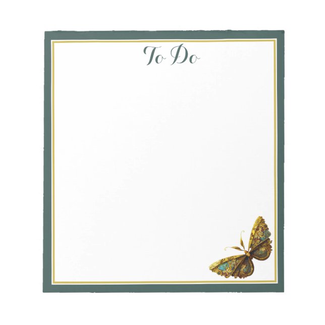 Ornate Gold & Teal Butterfly List Notepad (Front)