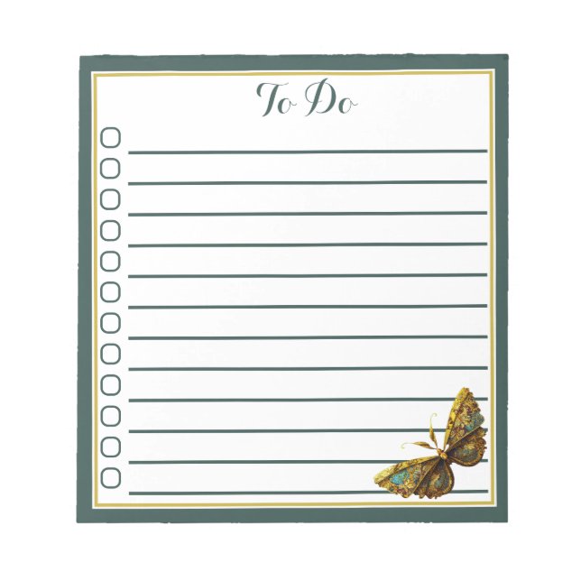 Ornate Gold & Teal Butterfly List Notepad (Front)