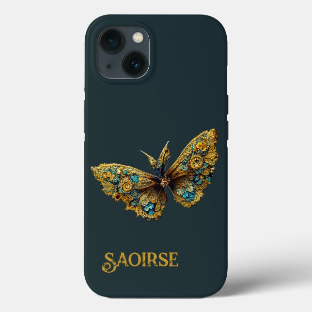 Ornate Gold & Teal Butterfly Phone Case (Back)