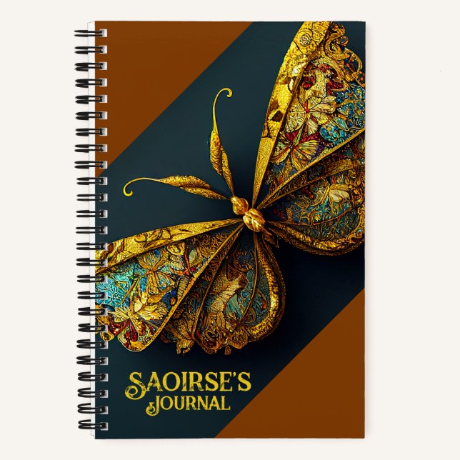 Ornate Gold & Teal Butterfly Small Hardcover Notebook (Front)